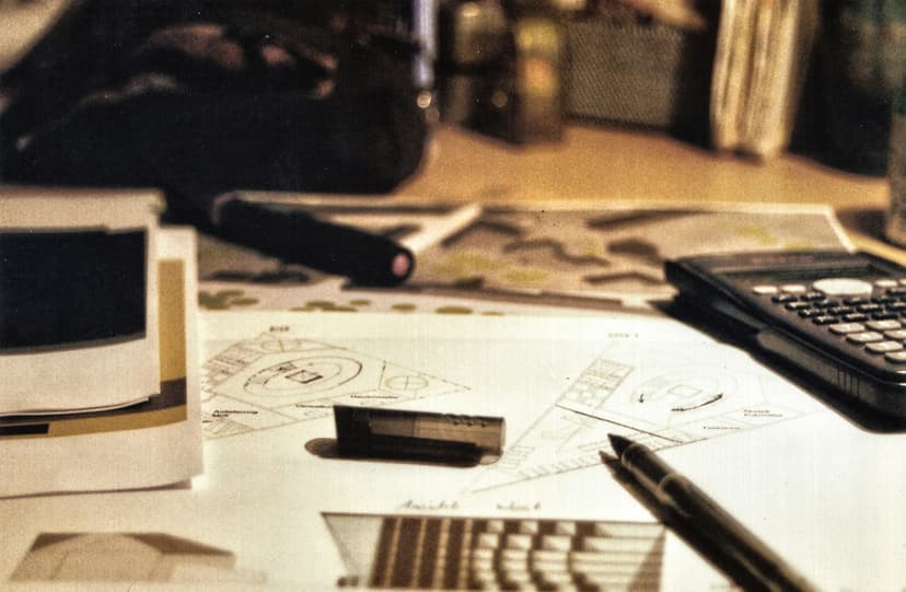 Construction blueprints and permit documents on desk with calculator and pen