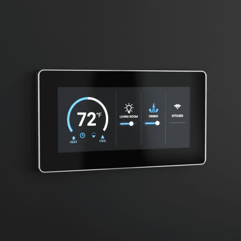 Modern smart home control panel on wall with digital interface showing temperature and lighting