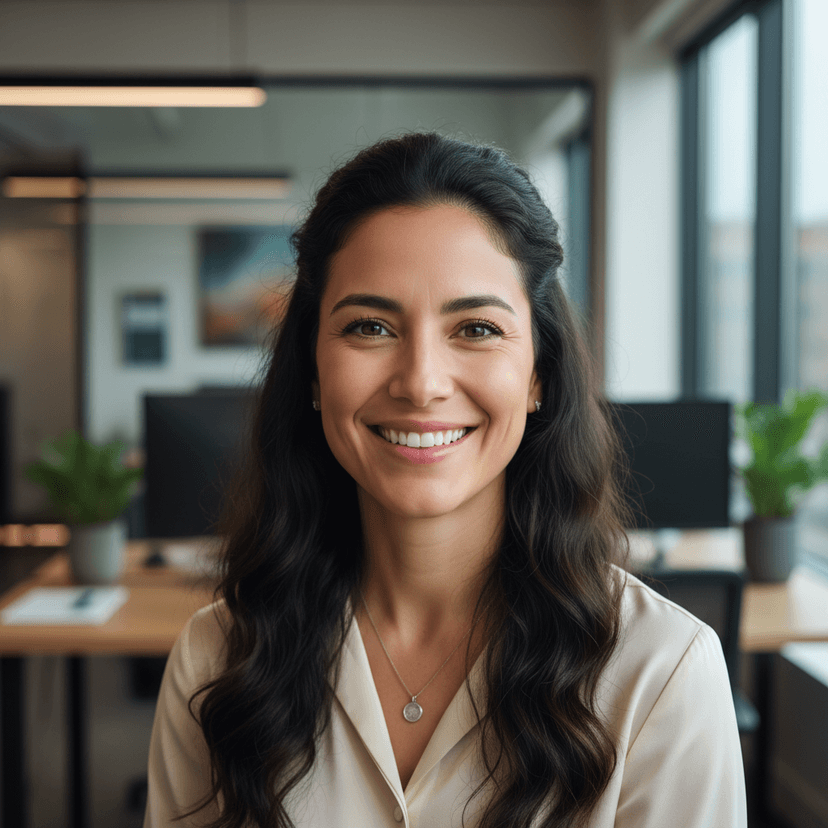 Hispanic woman with long dark hair in professional blazer smiling warmly