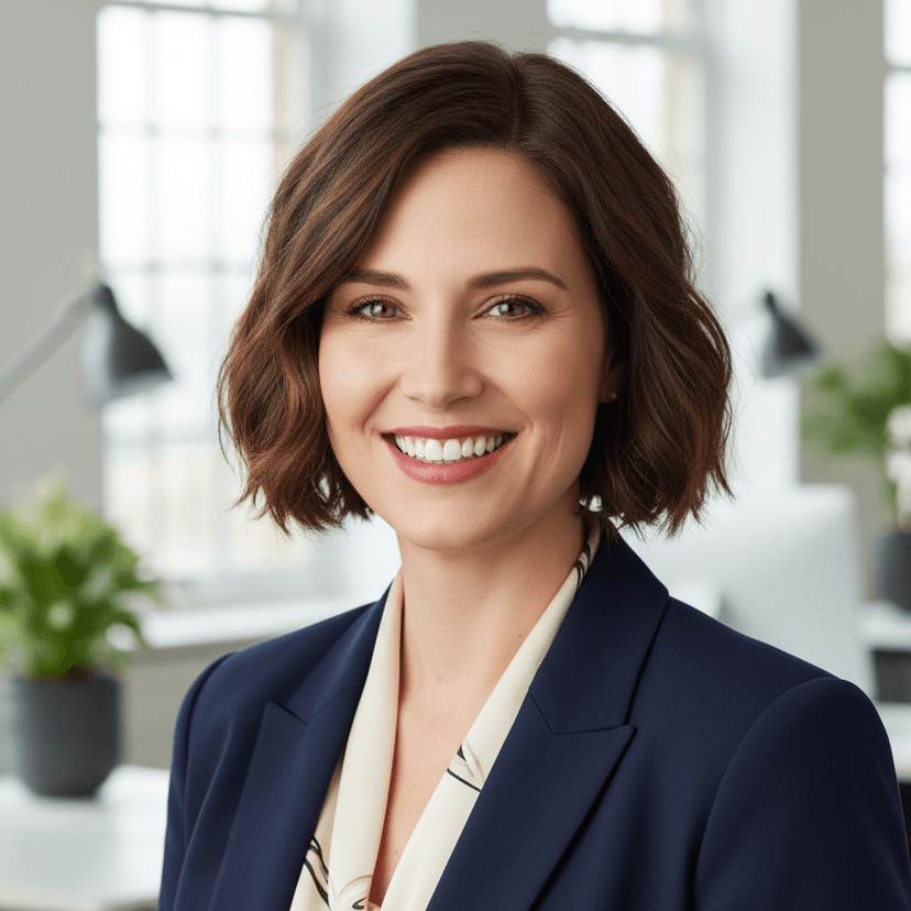 Professional woman with brown hair in business casual attire smiling at camera