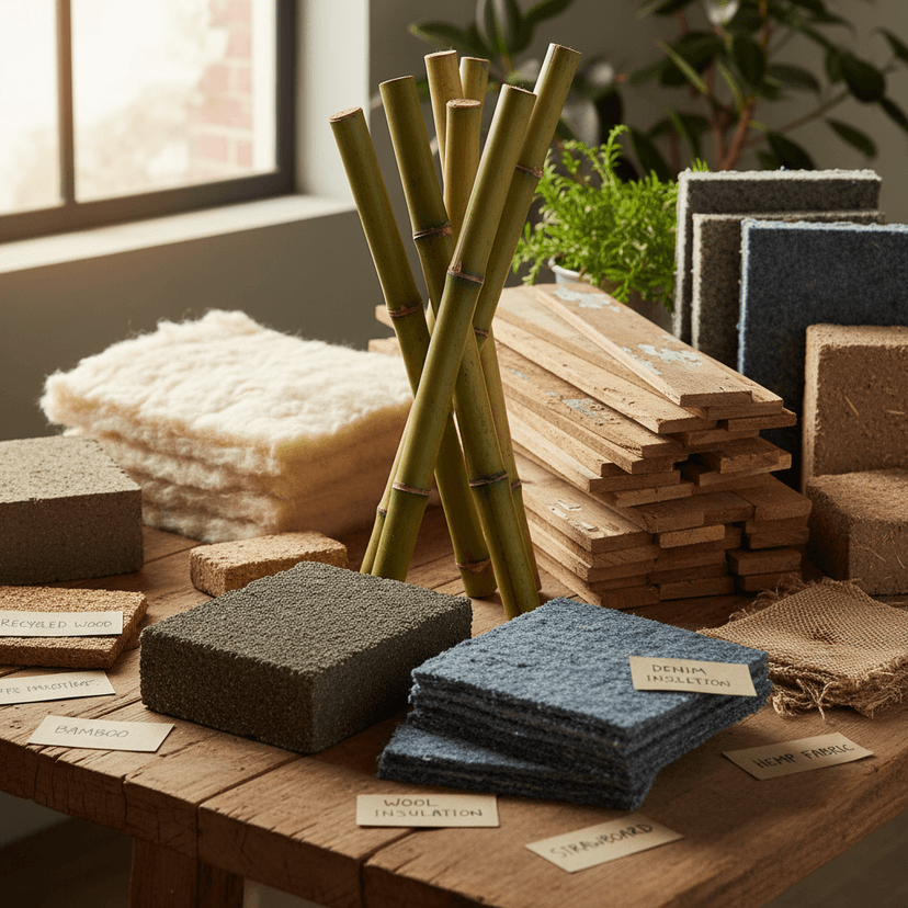 Modern sustainable building materials including bamboo and recycled steel beams