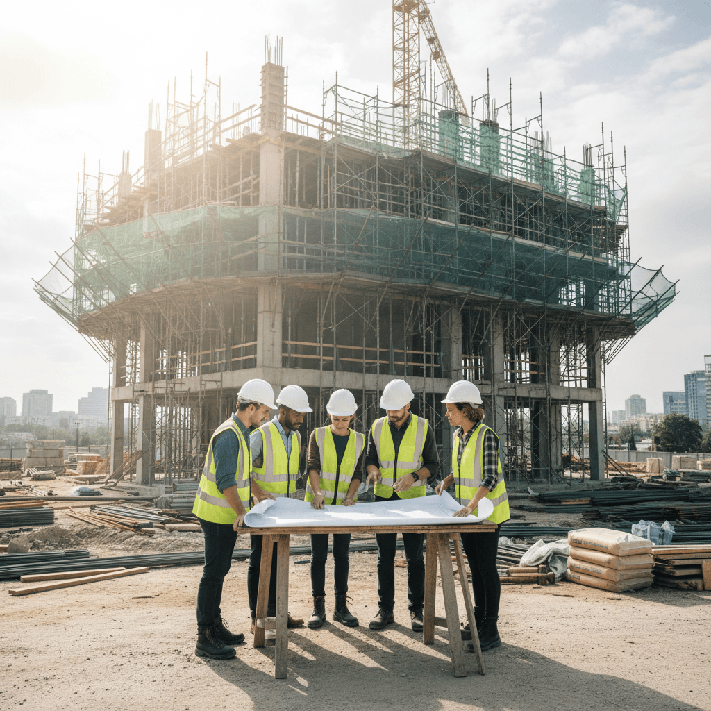 Construction workers collaborating on building site with blueprints and safety equipment