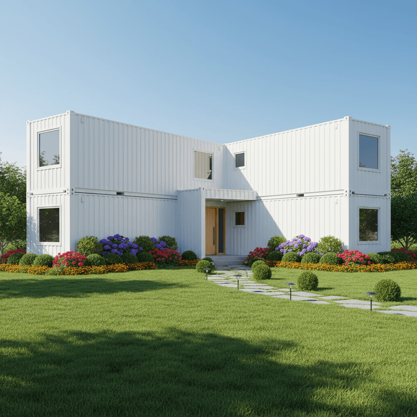 Newly constructed residential home with brick exterior and landscaped front yard at sunset