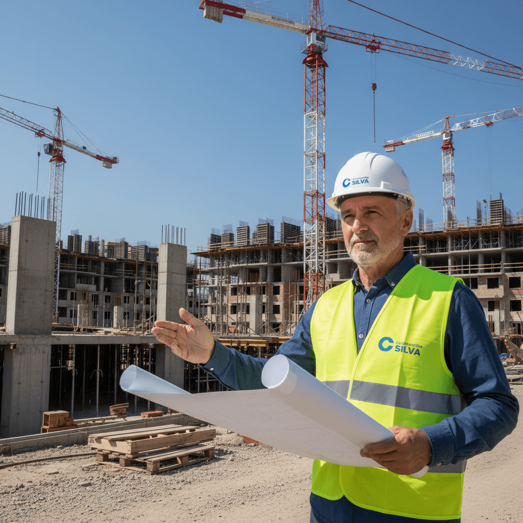 Experienced construction foreman in hard hat reviewing blueprints at active building site with steel framework