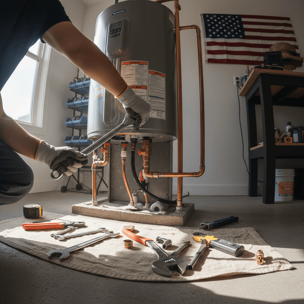Construction team installing wheelchair ramp at veteran home with American flag visible in background