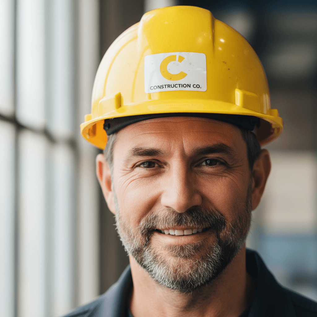 Professional headshot of mature Caucasian man with gray hair in navy suit and construction hard hat