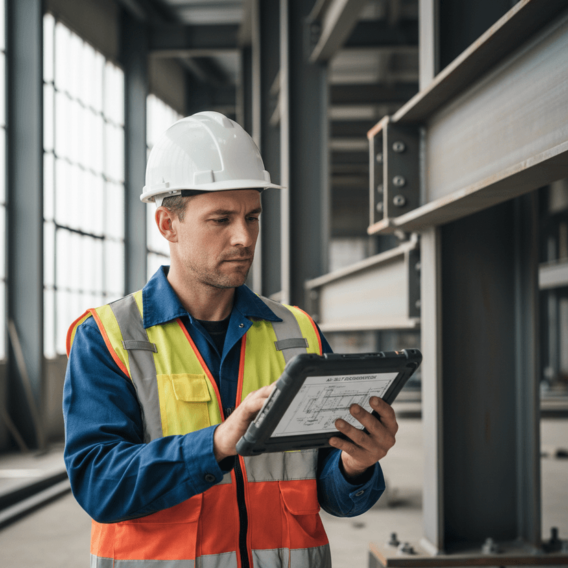 Construction worker wearing yellow hard hat and safety vest reviewing safety documentation on clipboard at job site
