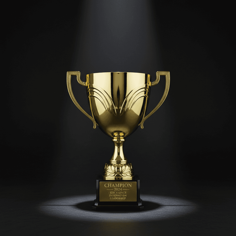 Gold trophy award on wooden podium with spotlight illumination against dark background