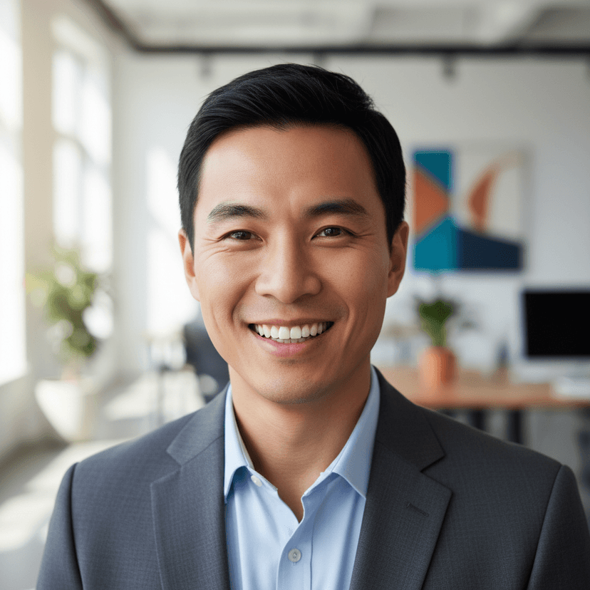 Asian businessman in navy suit with confident smile in modern office setting