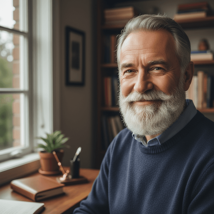 Middle-aged man with gray beard in casual shirt smiling in home setting