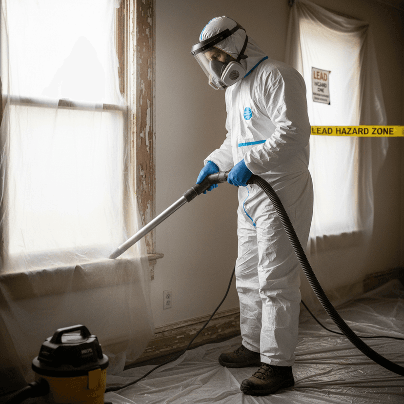 Professional contractor in white protective suit and respirator performing lead-safe renovation work