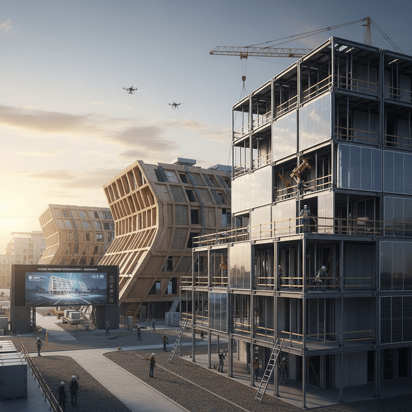 Modern residential home construction with wooden frame structure and workers on site