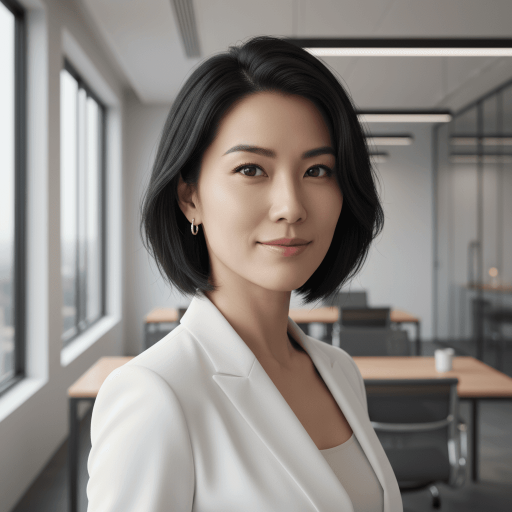 Professional portrait of Asian woman with short black hair in white blazer holding tablet at construction site