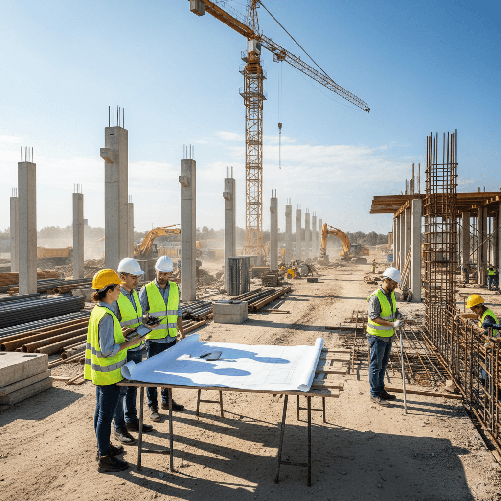African American man in yellow hard hat and safety vest reviewing blueprints at active construction site