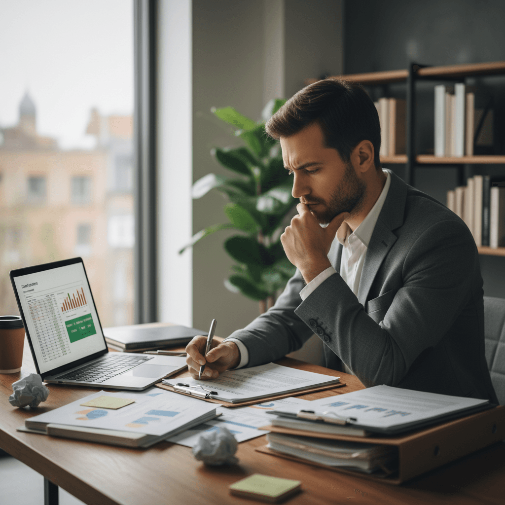 Caucasian man with brown hair in gray suit analyzing financial documents at desk with laptop