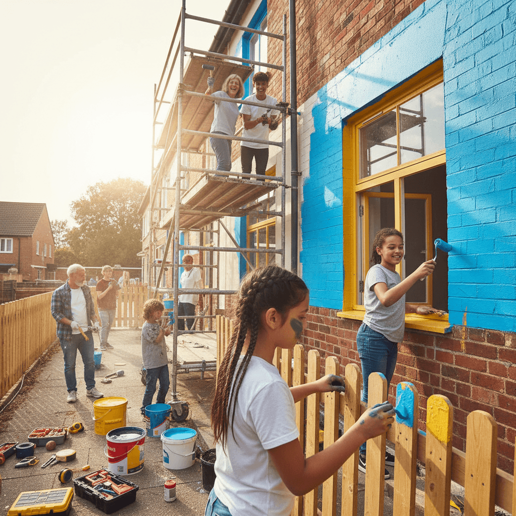 Construction volunteers in matching t-shirts working together to frame walls for affordable housing project