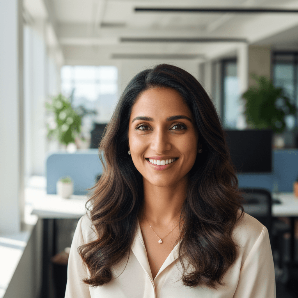 Indian woman with long black hair in burgundy blazer smiling warmly in modern office setting