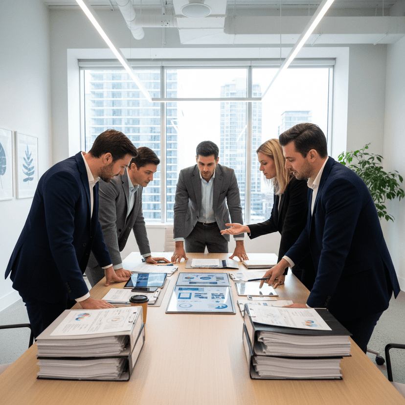 Business professional reviewing quality assurance documents at modern office desk
